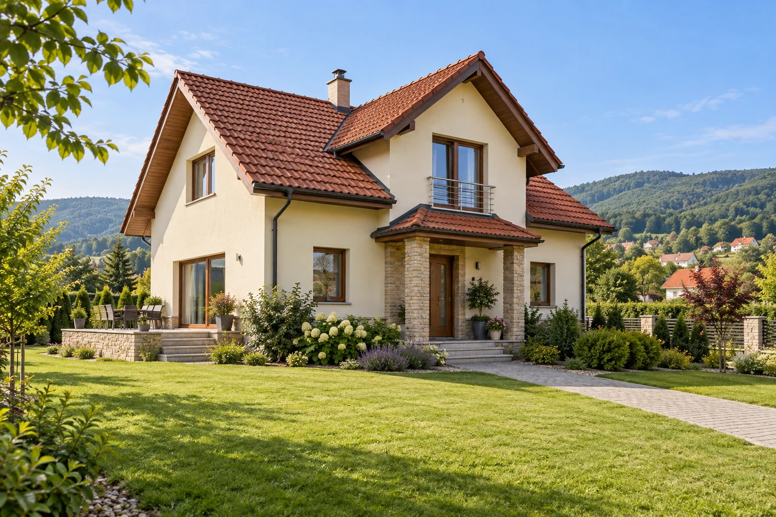 Detached home with a tiled roof and garden near Slovakia’s wooded foothills